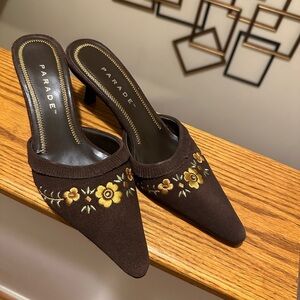 Parade Brown Embroidered Pointed-Toe Mule